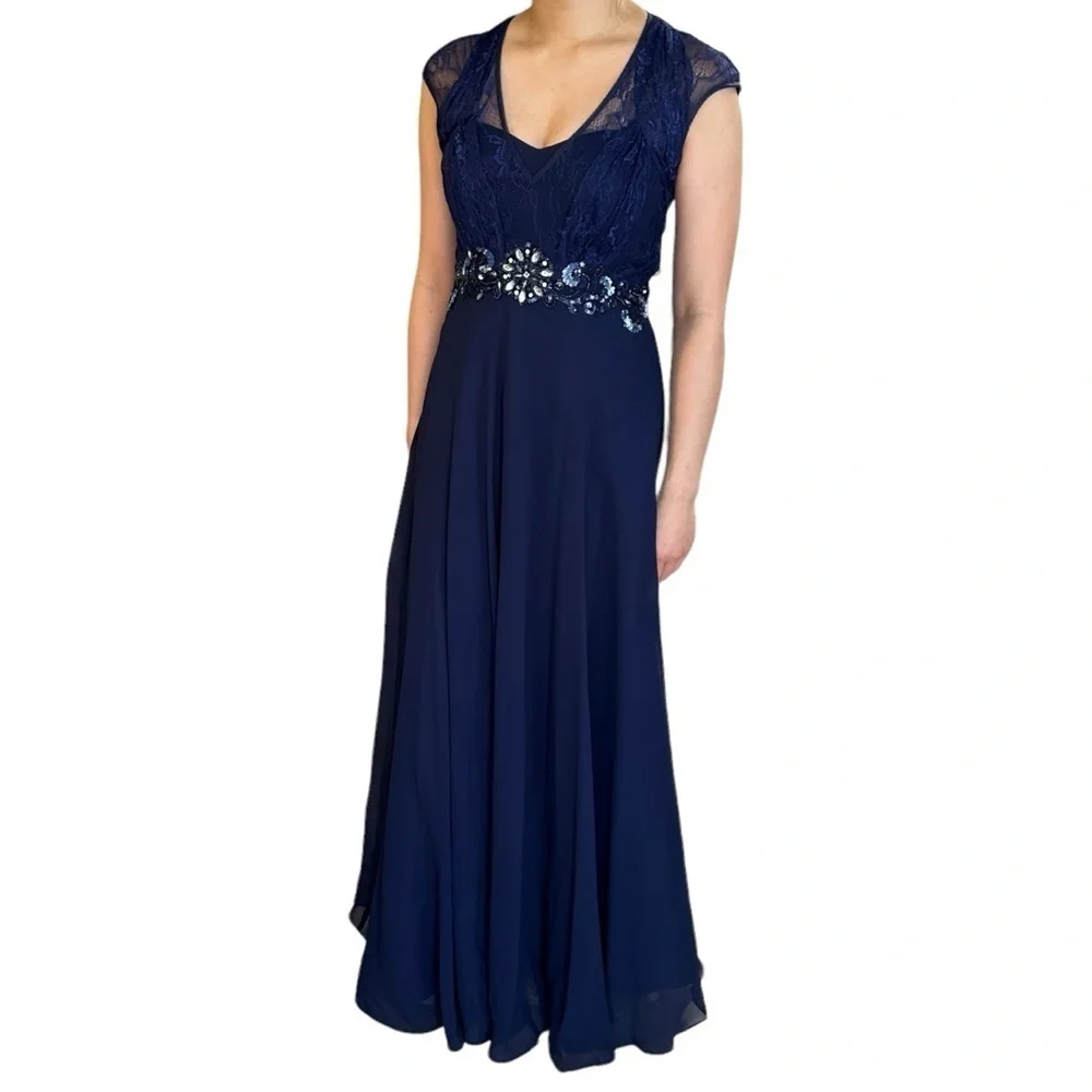 LAURA PETITE ROYAL BLUE V-NECK RHINESTONE DETAIL PROM FORMAL EVENING GOWN SIZE 4 - Picture 5 of 16